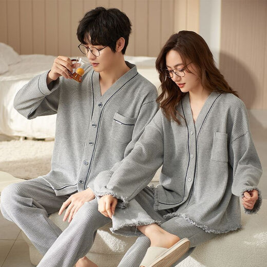 MiiOW Primavera y Otoño Pijamas para Parejas Cárdigan Coreano de Manga Larga Conjunto de Dos Piezas para un Hombre y una Mujer Las Parejas Pueden Usar Ropa Exterior para el hogar Cárdigan de Otoño C9854 M Mujer M + Hombre L