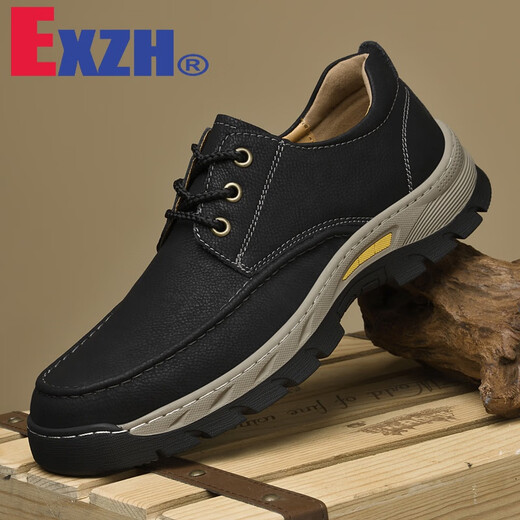 EXZH Marke echtes Leder Outdoor-Sport Wanderschuhe Herren Casual Lederschuhe Papa rutschfestes Rindsleder dicke Sohle wasserdichte Arbeitskleidung breite Version 9715 Schwarz 41