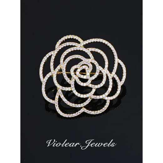 QUAMER small fragrant style brooch, high-end women's camellia corsage 2024 new trendy luxury brooch A style gold large size (50*51mm)