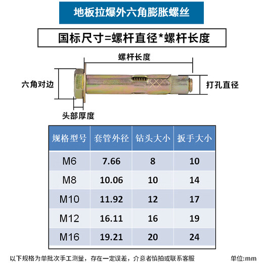 JINGGONG National Standard External Hexagonal Internal Expansion Screws Complete Collection Extended Built-in Explosive Floor Exploding Bolts Boxed M6*50 (100 pieces) 8mm punched