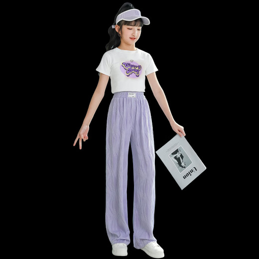 小猪彼特女童夏装套装儿童夏季洋气炸街童装中大童女孩休闲阔腿裤时髦运动 15009紫色9922白色 150 cm