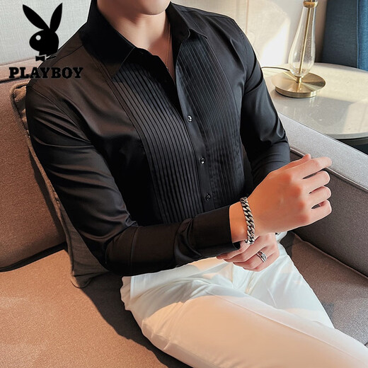 
Playboy (PLAYBOY) groom wedding long sleeve shirt men fashion pleated dress shirt trendy slim men wedding banquet performance shirt 2353 white L