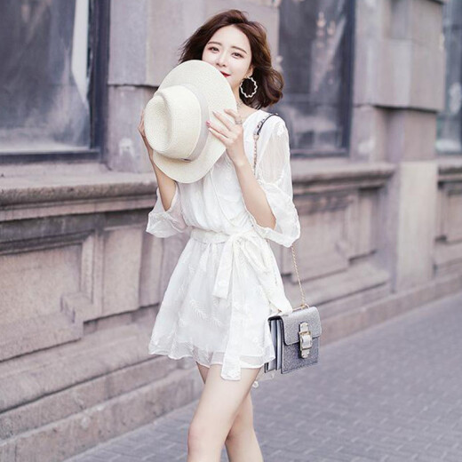 Langyue women's summer short-sleeved dress V-neck solid color short embroidered chiffon skirt LWQZ193301 white short-sleeved M