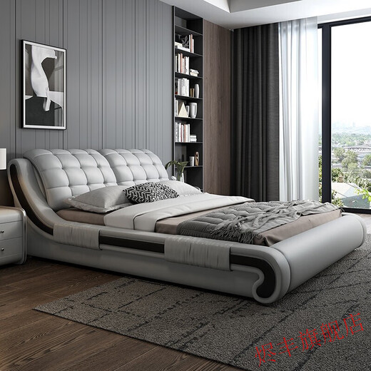 Leather bed double bed 1518 meters modern simple wedding bed leather art bed master bedroom furniture 1500*1900 storage version bed nightstand*15885D latex mattress