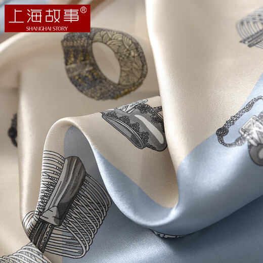 Shanghai Story Silk Square Scarf Silk Scarf Women's 100% Mulberry Silk Scarf Gift Box Teacher's Day Gift Gift Painting Ring Blue
