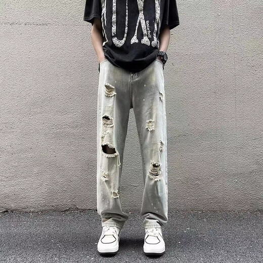 
Katuchi ripped jeans men's summer thin style American high street slim Korean version ins straight casual pants light blue XL [Suggested 125-140Jin [Jin equals 0.5 kg]]