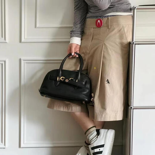 酷奇袋鼠植鞣皮复古贝壳包女手提保龄球包包高级感真皮单肩斜挎波士顿包包 咖啡色 植鞣羊皮