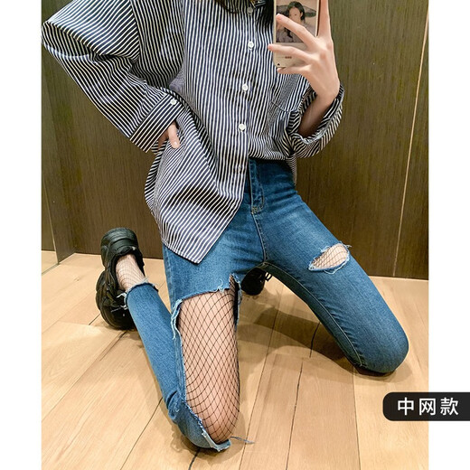 Langsha stockings women's fishnet stockings sexy black silk net celebrity ins hollow fishnet stockings summer thin pantyhose