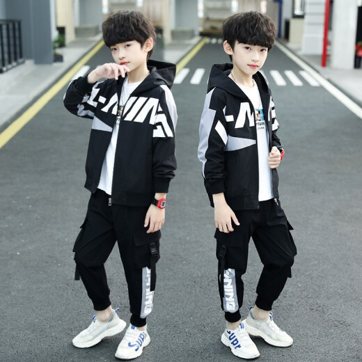 Cool Pan Bear Boys' Suit Spring and Autumn 2021 New Medium and Large Children's Fashion Jacket Jacket Pants Children's Sports Suit Boys' Western Style Two-piece Set Spring Trendy Clothes 3 to 15 Years Old Black 140 Size Recommended Height About 1.3 Meters