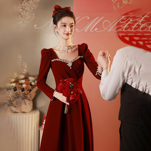 Libaixin toasting dress bride 2025 new autumn and winter burgundy engagement dress high-end long-sleeved velvet wedding atmosphere burgundy M
