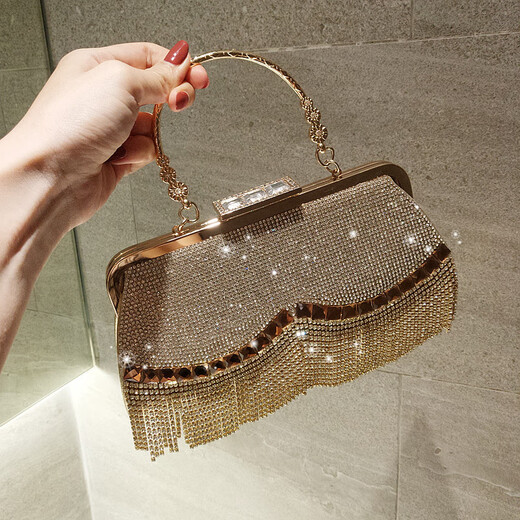 
Baimingwei 2025 full handmade rhinestone tassel pearl rhinestone women's dinner bag small dress bag portable slanted party bag wave tassel