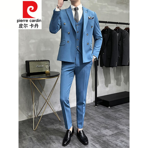 Pierre Cardin double-breasted suit men's suit wedding dress slim fit groom's suit men's Korean version trendy British style handsome black (suit + pants + vest + shirt) tie M