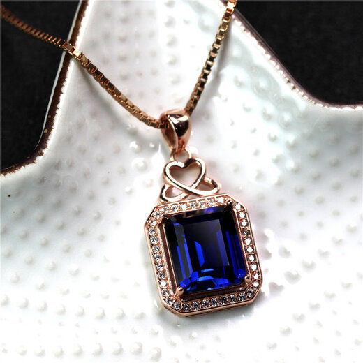 DRJEFUN rectangular tanzanite sapphire pendant necklace, women's blue tanzanite necklace set with diamonds and silver jewelry, rose gold (main stone 10X12mm) with chain