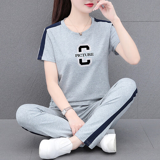 NY-EMMA sports suit for women short-sleeved summer thin high-end fashionable age-reducing cotton casual and fashionable running suit two-piece set 692 blue (trouser suit) XL (recommended 110-125 Jin [Jin equals 0.5 kg])