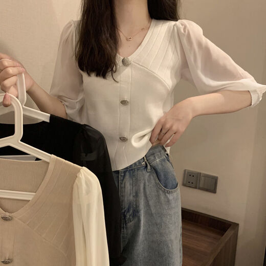 
Light and Red 2025 summer new ice silk chiffon spliced ​​V-neck short-sleeved sweater lady thin base shirt short top MCL 3523 white one size (70-125Jin [Jin equals 0.5 kg] can be worn)