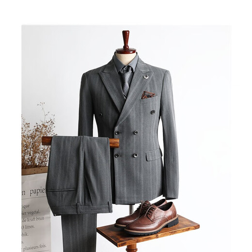 Walker Shop suit suit men's double-breasted suit autumn groom wedding wedding custom dress striped formal three-piece suit medium gray two-piece suit M