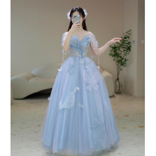 Blue banquet evening dress for women 2024 new high-end fugitive princess toasting dress fairy light luxury annual party dress blue long 4XL non-refundable and non-exchangeable