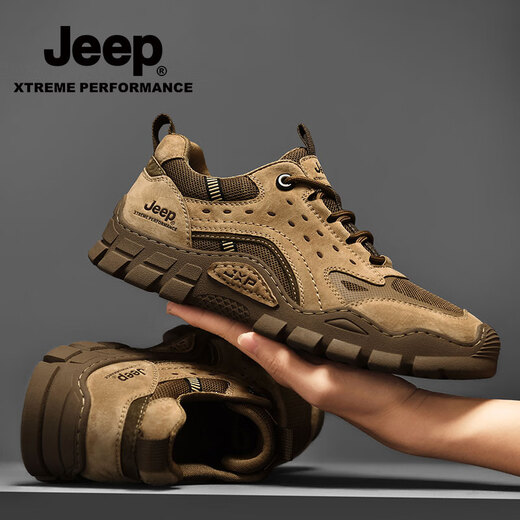 Jeep zapatos casuales para hombres en otoño Nuevo estilo transpirable sin deslizamiento de zapatos de trabajo resistentes al aire libre Sports al aire libre zapatos de senderismo para hombres khaki [tamaño de zapato de cuero estándar] 42