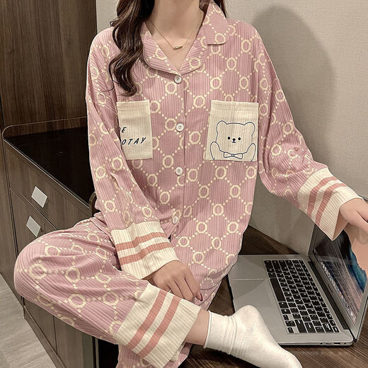 婉曼朵开衫睡衣女士棉秋秋款s风性感蕾丝长袖V领网红 短秀2 3882#粉色提花 M  建议80-105斤以内