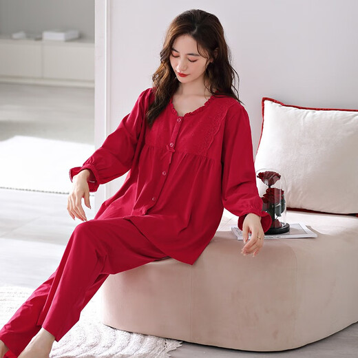Langsha (Langsha) Pajamas rouge pour femmes en automne en coton pur Année de zodiaque Red Suit pour femmes Mère Mère décontractée Cool Outdoor porte des vêtements à domicile 683 Crimson M [155-160cm / 90-110jin [Jin est égal à 0,5 kg]]]