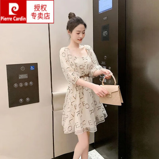 皮尔卡丹（pierre cardin）方领雪纺连衣裙女夏装2025新款炸街小个子减龄显瘦收腰网纱仙女裙 杏色裙子9435初 XL