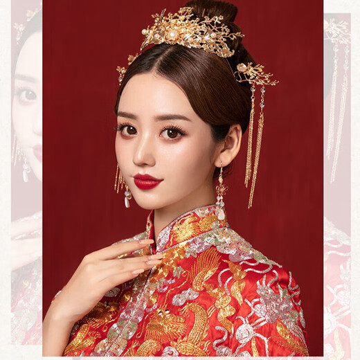 Dingjing bride Xiuhe dress headdress golden phoenix crown new Chinese style wedding tassel hair accessories high-end crown earrings set accessories