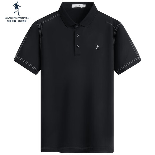 Tanzen mit Wölfen [mit Mulberry Seide] Helle Linie kurzärmeliges T-Shirt für Männer 2025 Sommermodal atmungsaktives kühles Polo-Hemd 6187 Schwarz 001 m (170)