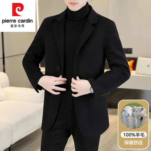 Pierre Cardin 100% wool double-sided woolen coat men's woolen coat suit collar winter short high-end cashmere jacket black 5821-100 wool 175/88A L-120-135Jin Jin equals 0.5 kg