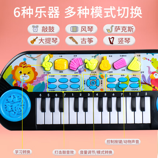 奇森多功能电子琴儿童可弹奏音乐玩具宝宝初学者训练早教音乐玩具 【蓝-带话筒】多功能电子琴33318 3节5号+琴谱+琴谱架+支脚架