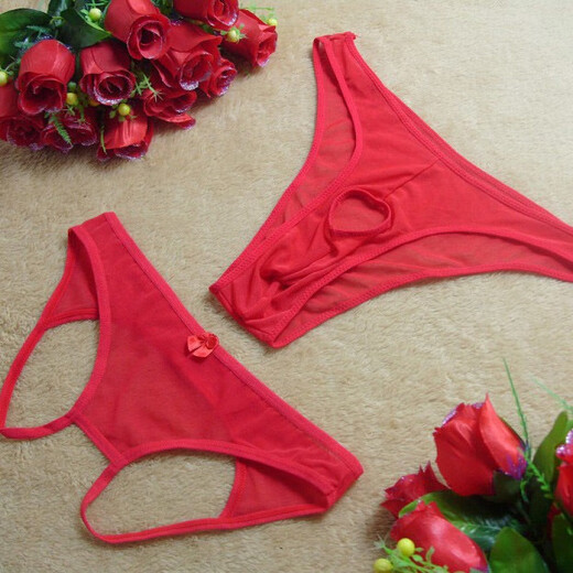 2 packs of hot and sexy mesh transparent women's crotchless men's crotch briefs thong free couple underwear red