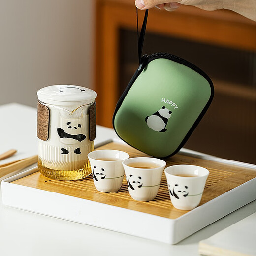 Modern Housewife Mototo Panda Travel Tea Set Portable Ceramic Kung Fu Tea Set Outdoor Quick Cup Motuo Tuo Bamboo Lid Quick Cup (one pot with three lids)