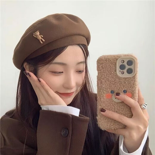 Beret women's autumn and winter versatile black ins hat Internet celebrity Korean version Japanese British retro painter hat fashion trend bear woolen beret brown head circumference (54-59cm)