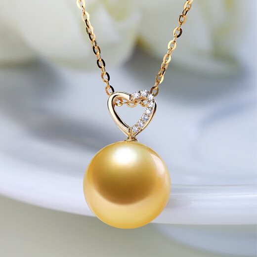 Haitong 18K gold set with diamonds South Sea gold bead pearl pendant single love light gold seawater necklace girl birthday gift light gold A grade / minor flaws 12-13mm