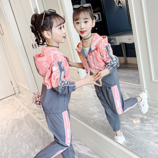 Bahba girls' suits spring and summer 2022 new Internet celebrity children's clothing medium and large children's fashionable spring and summer children's clothing little girls two-piece gray suit spring clothing 130 (recommended height is about 125)