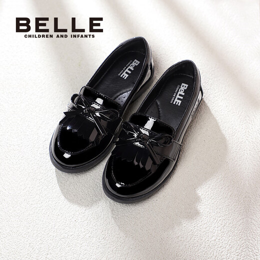 Belle children's shoes for girls spring and autumn children's black leather shoes student shoes back to school performance shoes British style campus etiquette shoes for middle and older children black-DE0336 35