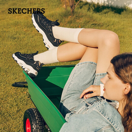 
Skechers sports casual shoes women's white shoes autumn thick sole height enhancement lightweight retro 11979 black/gold/bkgd 35