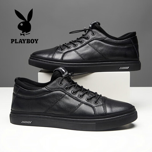 Playboy casual leather shoes men's new lightweight breathable first layer cowhide sneakers soft sole soft surface wear-resistant elastic band men's single shoes black 40