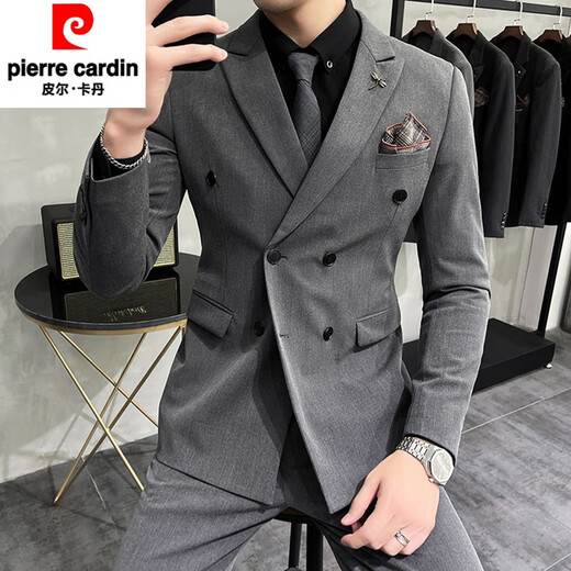 Pierre Cardin double-breasted suit suit for men, casual business suit, groom's wedding dress, handsome slim fit suit for men, medium gray two-piece suit (suit + trousers) 2XL (140-150Jin Jin is equal to 0.5kg)