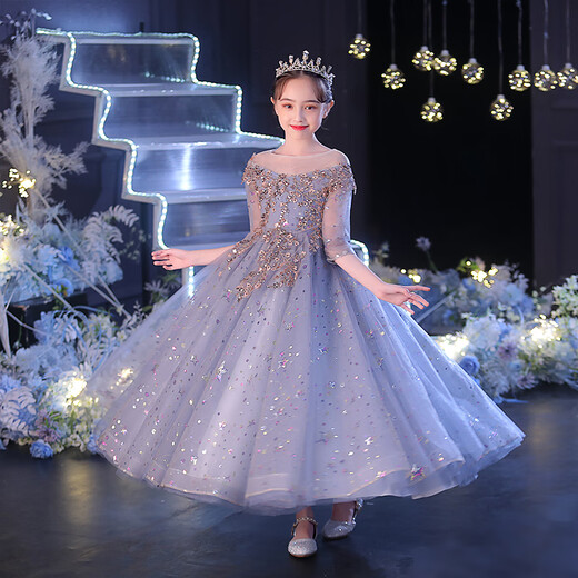 Little Kayi Vestido grueso para niños Falda de princesa anfitrión de niñas de alta gama ropa de reproducción de piano de manga larga Niños de boda de boda otoño 1591 gris y azul largo (manga central) D1 130