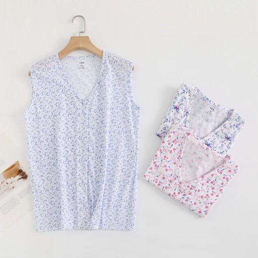 AB underwear women's pure cotton pajamas summer sleeveless sweatshirt middle-aged and elderly mothers printed V-neck cardigan vest T-shirt S724 Little Blue Flower XL (165/95)