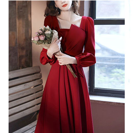 Feshelan Bridal Toast Dress Large Size Fat mm Summer Belly Covering French Red Engagement Dress for Pregnant Women High-end Dress Burgundy (No Bronzing) 2XL _Recommendation 140-160Jin Jin equals 0.5 kg