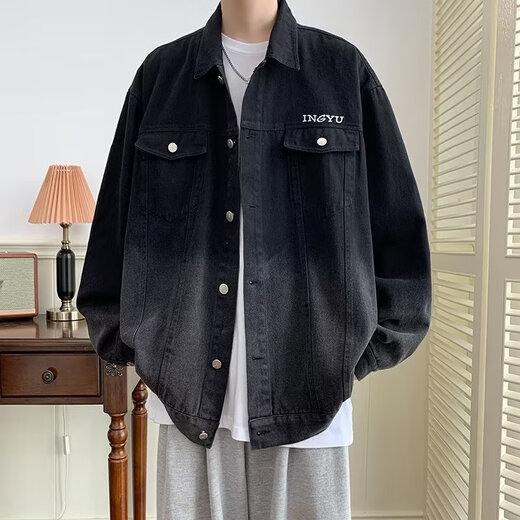 Gangpu Trendy Gradient Denim Jacke Herren Spring High Street Trendy Jacke gutaussehend vielseitige Männer Kleidung amerikanische Baseballuniform schwarz L