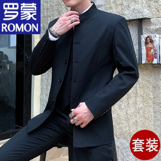 ROMON new Chinese style stand collar tunic jacket suit men's stable and elegant Chinese style Tang style suit jacket trendy black single top L 112Jin Jin is equal to 0.5kg -125Jin Jin is equal to 0.5kg