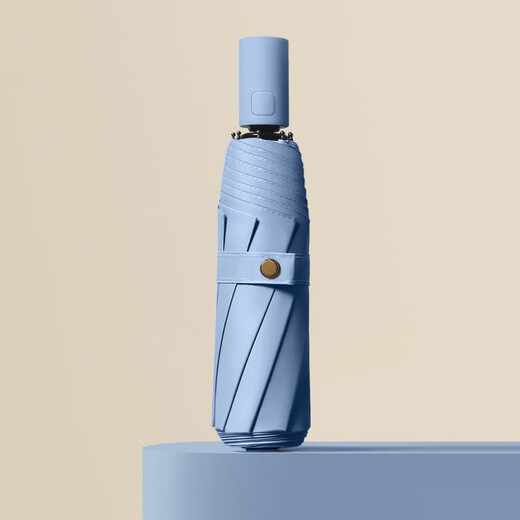 MAYDU Fully Automatic Sun Umbrella Women's Tri-fold Parasol Black Vinyl Sun Protection UV Sun Protection Umbrella Dual-Purpose Folding Umbrella Haze Blue