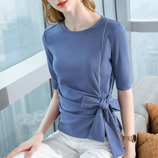 [Selected Goods] Hizze mid-sleeve t-shirt women's spring and summer 2021 new round neck cotton T-shirt straps bow pleated slim casual tops haze blue M