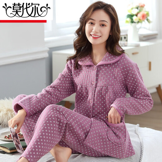 莫代尔秋冬季全棉空气棉夹层睡衣女加厚纯棉长袖三层薄款夹棉家居服套装 6174 M