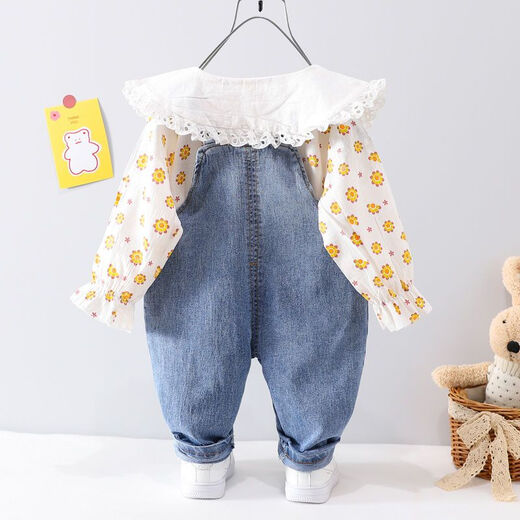 可歆宝贝童装女童两件套洋气儿童衣服婴儿2024春秋装小童宝宝背带裤套装潮 粉色（小碎花背带裤套装） 90 码建议1-2岁（身高85左右）