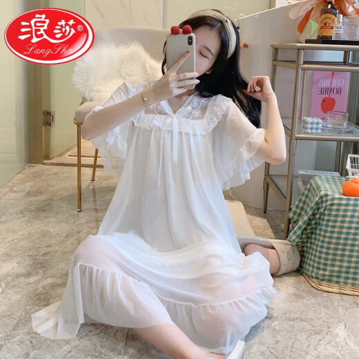 浪莎（LangSha）宫廷风公主睡裙夏季薄款甜美莫代尔睡衣蕾丝花边网纱冰丝家居服夏 W7371 2XL 【推荐140-155斤穿】