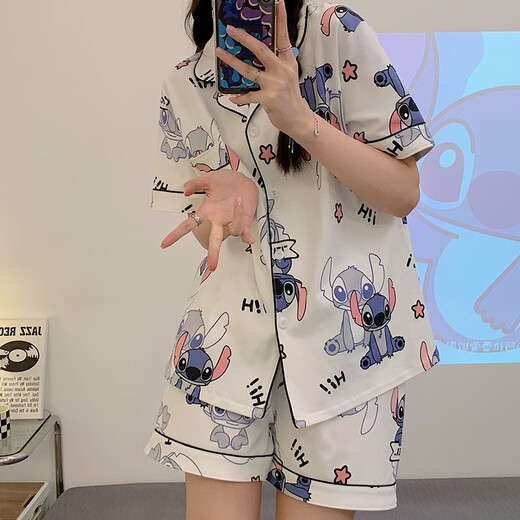 浅物史迪仔三件套睡衣女短袖短裤长裤棉夏季2025年新款学生可爱卡通 14137#星星拉布布 三件套 M  80-100斤