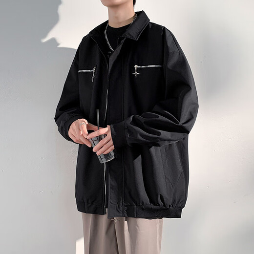 Foss Phil American lapel jacket for men in spring, autumn and winter, trendy loose and handsome Korean style design casual jacket tops MYY-MYJ23-752 black L recommended 125-145Jin Jin is equal to 0.5 kg